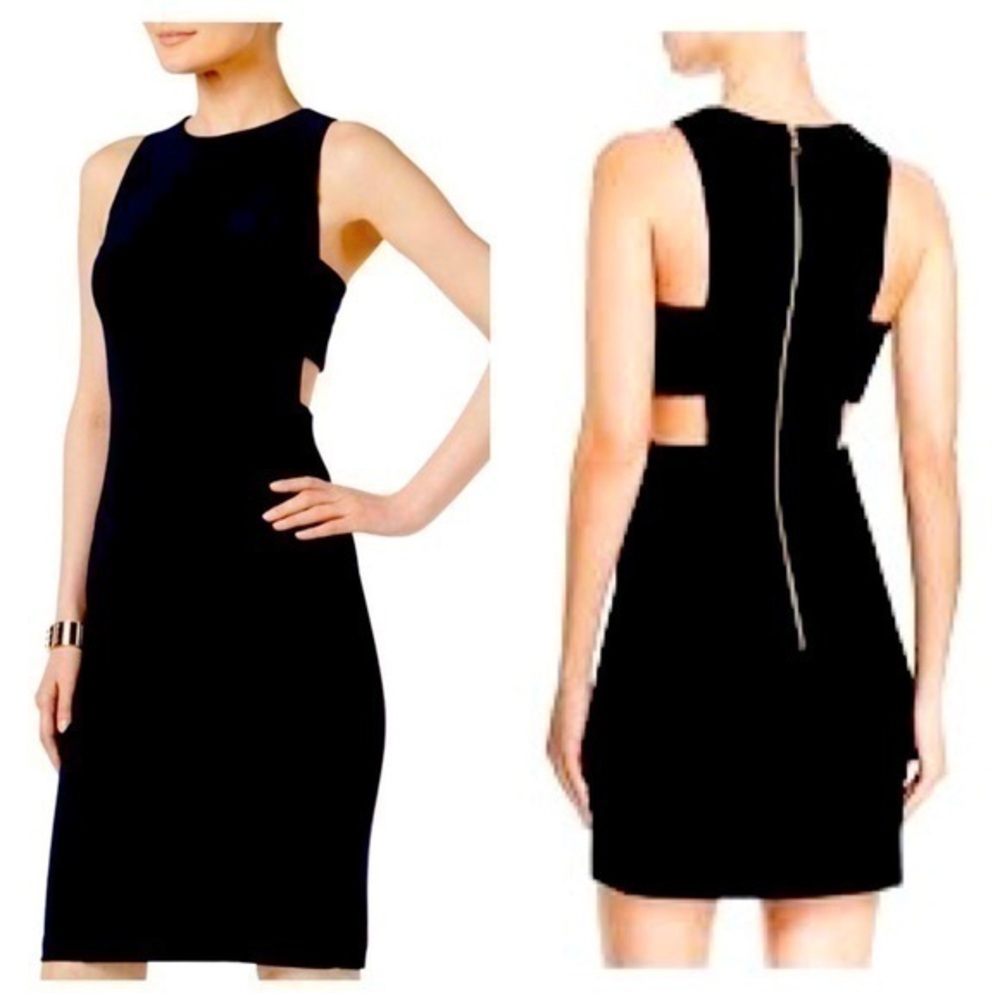 AQUA SAKS Little Black Dress Lined built in padding Side Panel Cutout LBD